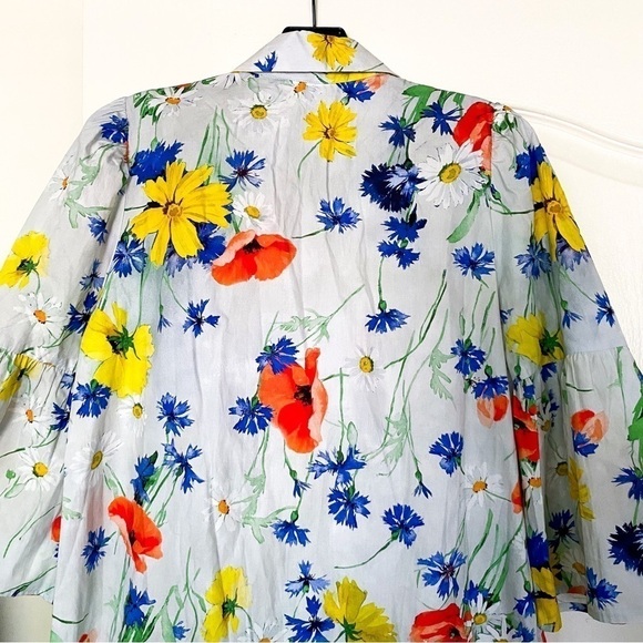 Pearl Lela Rose Dress Floral Poplin Flounce Hem Shirtdress Blue Multi XS GUC - Picture 9 of 9